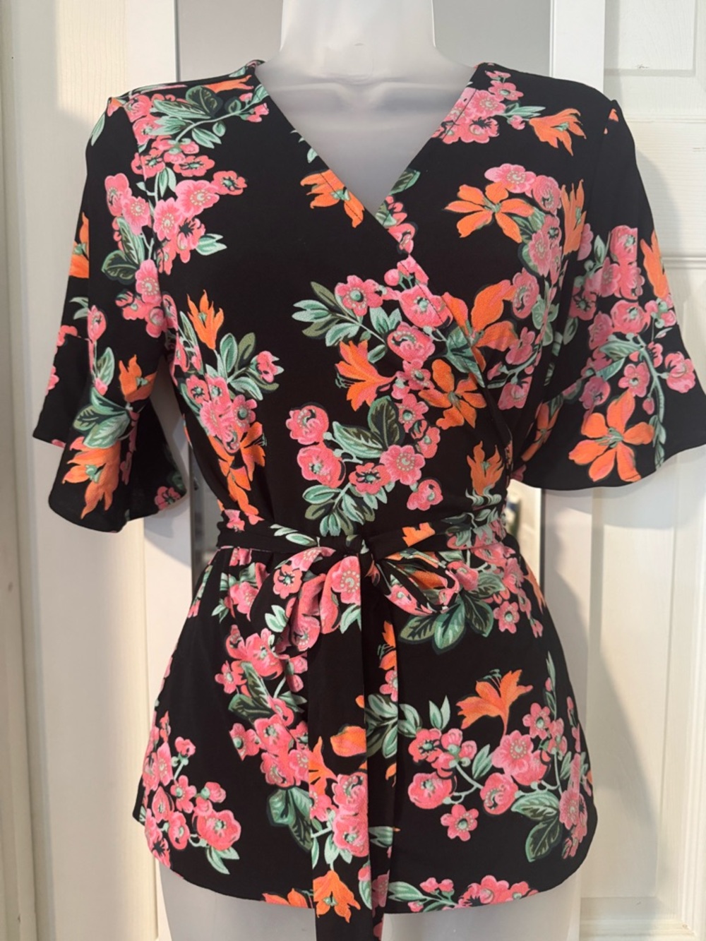 Ann Taylor Black Floral Wrap Shirt MP